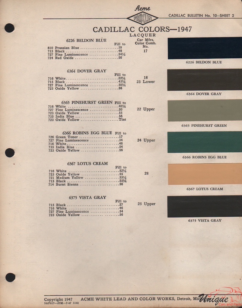 1947 Cadillac Paint Charts Acme 2